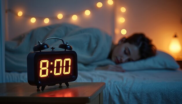 Digital alarm clock shows 8 AM by bedside table. Person slepic in dark bedroom with soft bokeh lights. Morning wake up routine starts soon, time for rising. Cozy atmosphere, rest and peace.