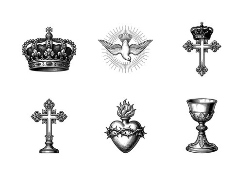 Set of religious christian symbols in vintage woodcut style featuring crown dove holy spirit cross sacred heart and chalice