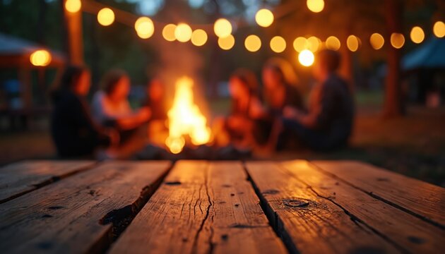 Friends sit around a campfire at night. String lights glow above blurry figures. A rustic wood table is in the foreground. Outdoor gathering in forest.