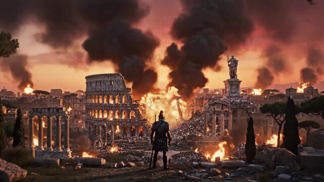 Roman warrior standing amidst ancient city destruction with burning buildings and debris in historical apocalyptic landscape scene