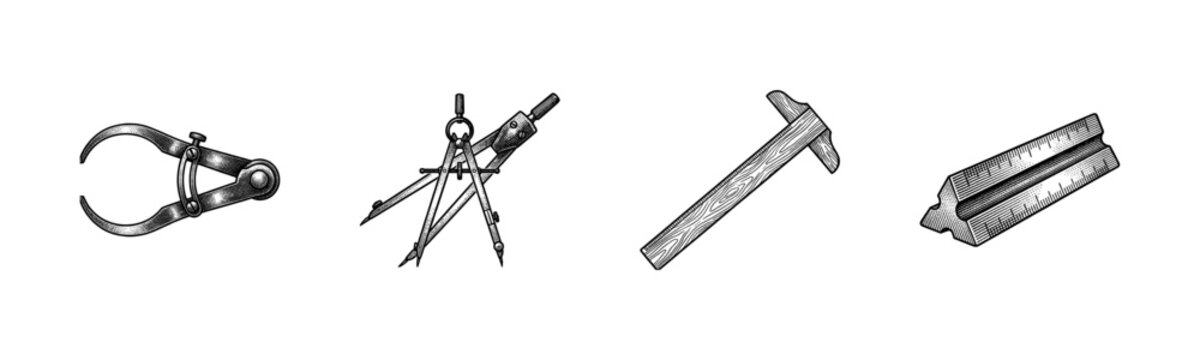 Vintage technical drawing tools set featuring calipers drafting compass T-square and triangular scale ruler in engraved woodcut style.