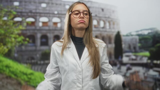 Woman with glasses and hands on head in a studio in front of a colosseum building backdrop, wearing a white coat and turtleneck and looking tired; frustration travel fatigue.