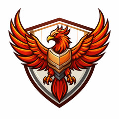 Obraz premium A vibrant red and orange phoenix with outstretched wings and armor stands proudly within a shield emblem on a white background