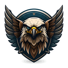 Fototapeta premium A detailed illustration of an eagle's head with outstretched wings on a shield emblem with a star on a white background