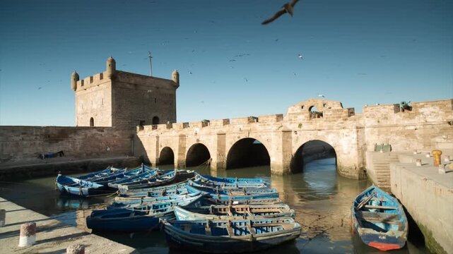 Essaouira Historic Fishing Port, Morocco &ndash; Traditional Blue Boats in Atlantic Coastal City, Famous Tourism Destination in North Africa