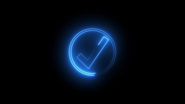 Glowing Blue Checkmark in Circle Neon Light Confirmation Symbol on Dark Background neon light circle