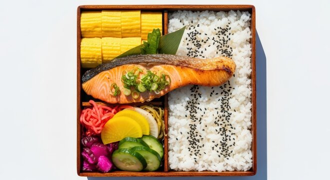 Traditional Japanese Bento Box with Grilled Salmon, Rice, Tamagoyaki, and Pickled Vegetables, Top View