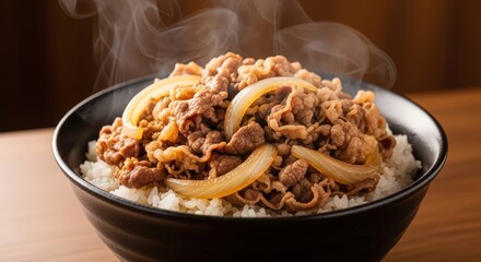 Steaming Hot Japanese Gyudon Beef Bowl with Thinly Sliced Beef, Onions, and Rice, Traditional Comfort Food