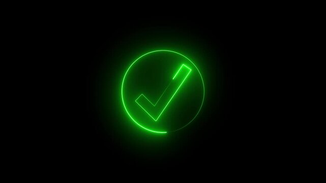 Glowing Green Checkmark in Circle on Black Background, Neon Tick Symbol, Approval and Confirmation Concept