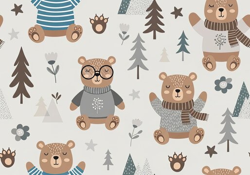 Cozy bears wearing sweaters and scarves in a winter forest pattern
