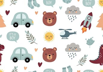 It's a Boy themed pattern with bears, cars, rockets, and clouds for baby showers