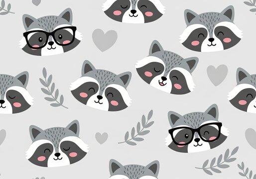 Adorable raccoon faces with glasses in a repeating grey pattern