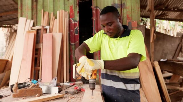 Local African male carpenter wearing work gloves, drilling a hole into a piece of wooden plank with a hand drill on a rustic workbench in his worksop