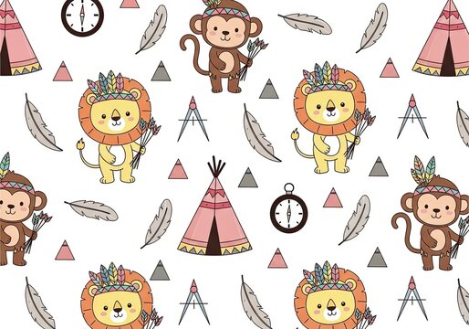 Tribal animal pattern with lions, monkeys, teepees, and feathers