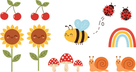 Cute Nature Cartoon Vector Set with Bee Ladybug Snail Sunflower Rainbow and Mushrooms © MDTaharul