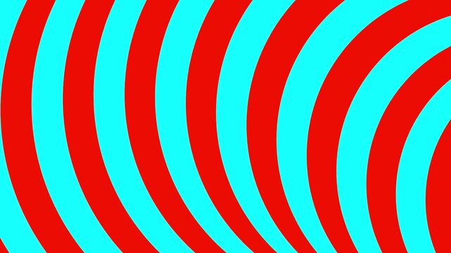 A vibrant, high-contrast animation of red and cyan curved stripes that shift rhythmically across the frame, creating a dizzying pop-art style optical illusion.