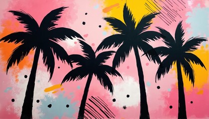 Fototapeta premium Abstract black palm trees silhouetted against a vibrant pink and yellow background with paint splatters and lines. Minimalist tropical graphic art for summer vibes and beach decor.