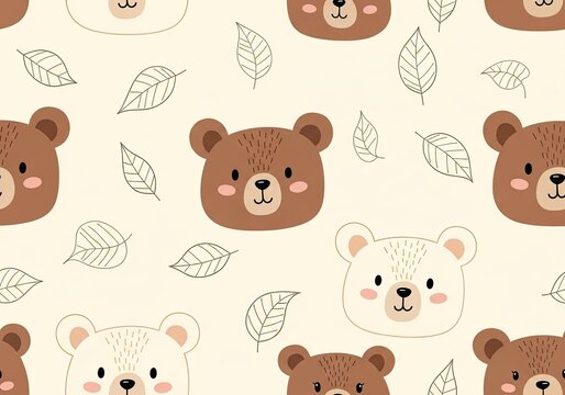 Bear faces with leaves on a cream background