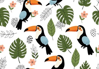 Fototapeta premium Tropical toucans and monstera leaves seamless pattern on white background