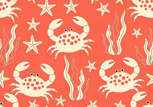 Cute cartoon crabs and starfish seamless pattern on orange background