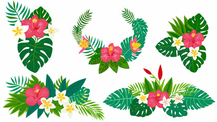 Tropical floral arrangement with hibiscus monstera and palm leaves illustration © ShambhuNath