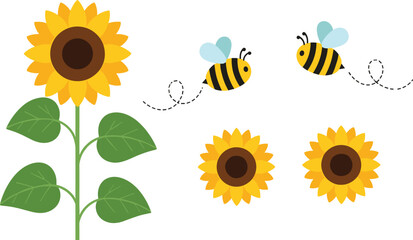 Sunflower and Cute Bee Cartoon Illustration Set with Flying Honey Bees and Floral Elements for Spring Nature Garden Pollination and Kids Design © MDTaharul