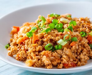 Fototapeta premium Asian style ground chicken over steamed rice with vegetables and glossy sauce on white plate