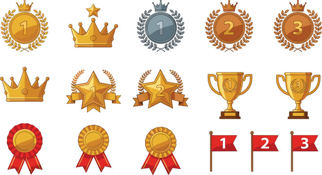 Winner Award Icon Set with Gold Silver Bronze Medals Crowns Stars Trophies and Ranking Flags for Competition Achievement and Victory Vector Design