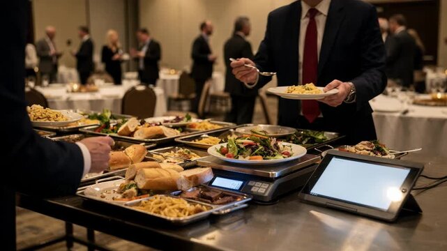 Focused view of a hotel banquet tables food waste station with scales and a tablet logging discarded meal portions soft focus on event attendees behind.