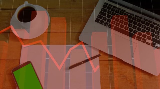 Vertical video: Workspace receiving data feed and visualizing finance, animating bars and red line