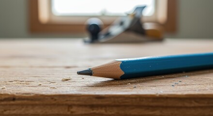 Obraz premium pencil lying on wooden desk closeup with pencil sharpener in soft focus background