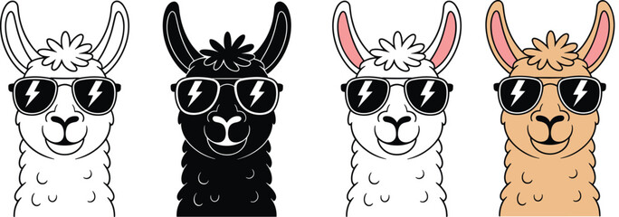 Cartoon illustration of four llama heads wearing sunglasses with lightning bolt design, playful and stylish artwork symbolizing fun, individuality, and modern character design © Anowar