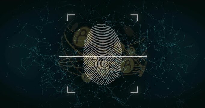Fingerprint fading into center brackets framing scan bar sweeping network rotating verifying access