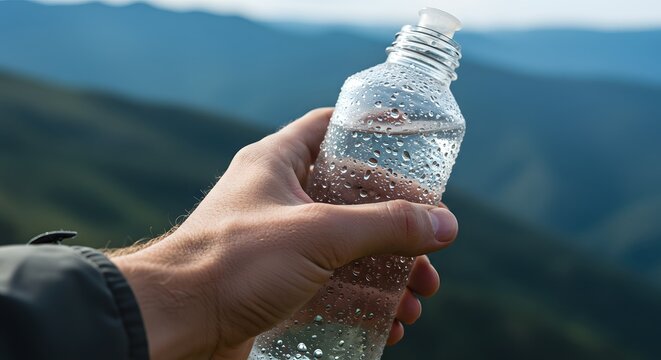 Hand Holding Water Bottle in Mountain Landscape Scene with Clear Sky