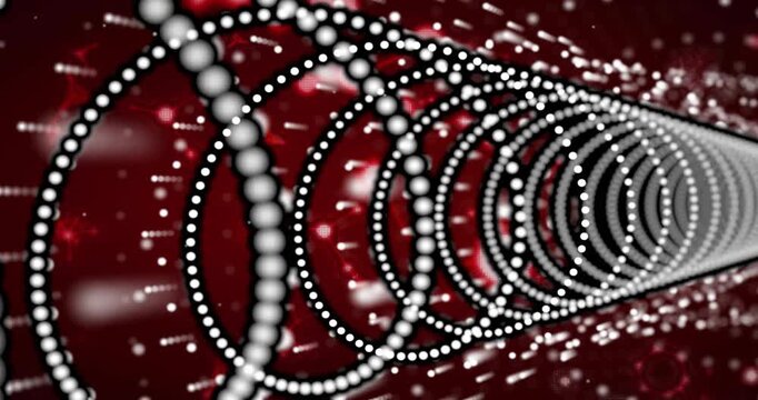 Camera moving forward, white bead rings sliding and rotating, particles streaking, creating depth