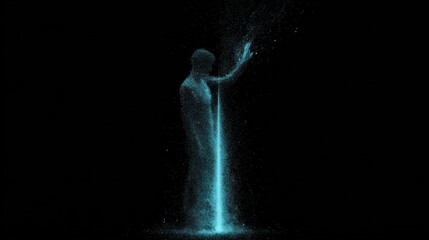 Digital human figure made of particles with glowing light effect, standing and reaching out in dark space for futuristic technology and virtual reality concept.