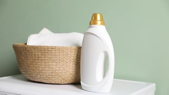 Woman putting wicker basket with clean towels onto washing machine with bottle of detergent near green wall at home, closeup