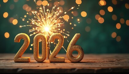 Fototapeta premium Golden 2026 numbers with sparkler firework. Dark green background with bokeh lights. Festive New Year celebration element. Holiday invitation card graphic.