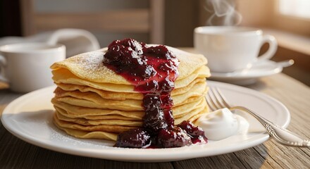 Stack of pancakes with berry compote