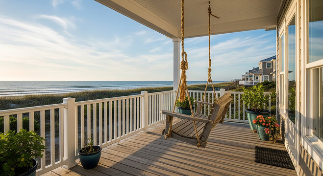 Wooden porch with hanging chair overlooking the ocean and beach houses ocean view