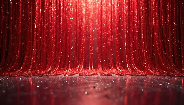 Red sequin curtain hangs down. Glittering fabric creates festive backdrop. Shiny beads reflect light on stage floor. Celebratory event party atmosphere.