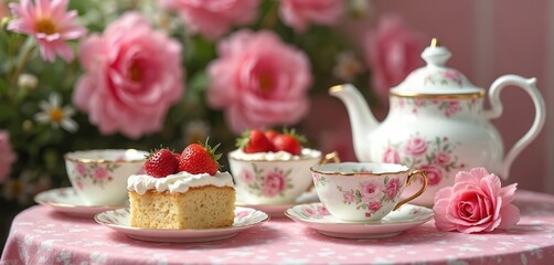 Elegant tea set with cake and strawberries on a pink floral tablecloth. Delicate roses adorn teacups and teapot. A sweet, inviting scene for afternoon tea.