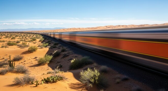 Passenger rail vehicle swiftly travels along a curving track through a sunlit arid landscape.