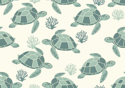Green sea turtles swimming amongst seaweed and coral seamless pattern