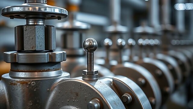 rolloffs. Metal nodules on industrial pipe valves reflecting light, metallic texture detail. safety posters, maintenance manuals, designed for industrial assembly lines and welding operations.
