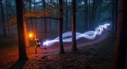 Naklejka premium Athlete carries a flaming torch while running through a dark, misty woodland area leaving a light trail