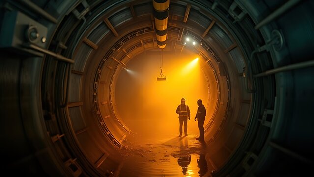 caisson. Interior of a submerged caisson with workers in safety gear. real-estate listings, architecture portfolios, designed for interior renovation comparisons for interiors.