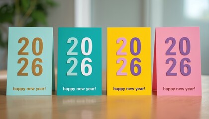 Fototapeta premium Four colorful greeting cards display the year 2026 and happy new year text. Cards in mint green yellow teal pink feature bold paper cut numbers. New year celebration theme.