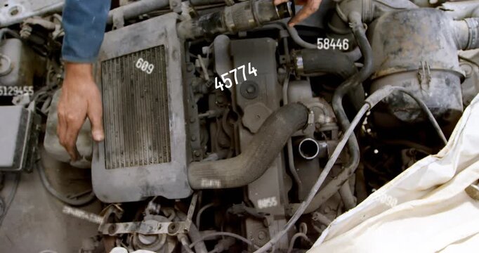 Right hand reaching cover, mechanic hands gripping, lifting and pulling, revealing hoses for check