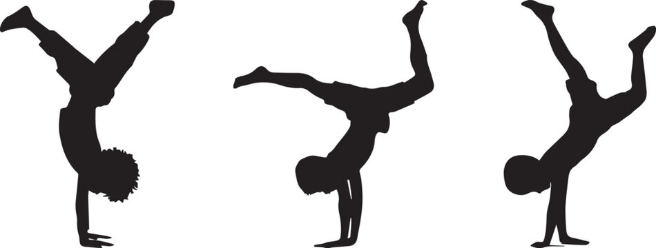 Silhouette of a child doing a cartwheel, perfect form. Set of 3 gymnastics silhouettes vector